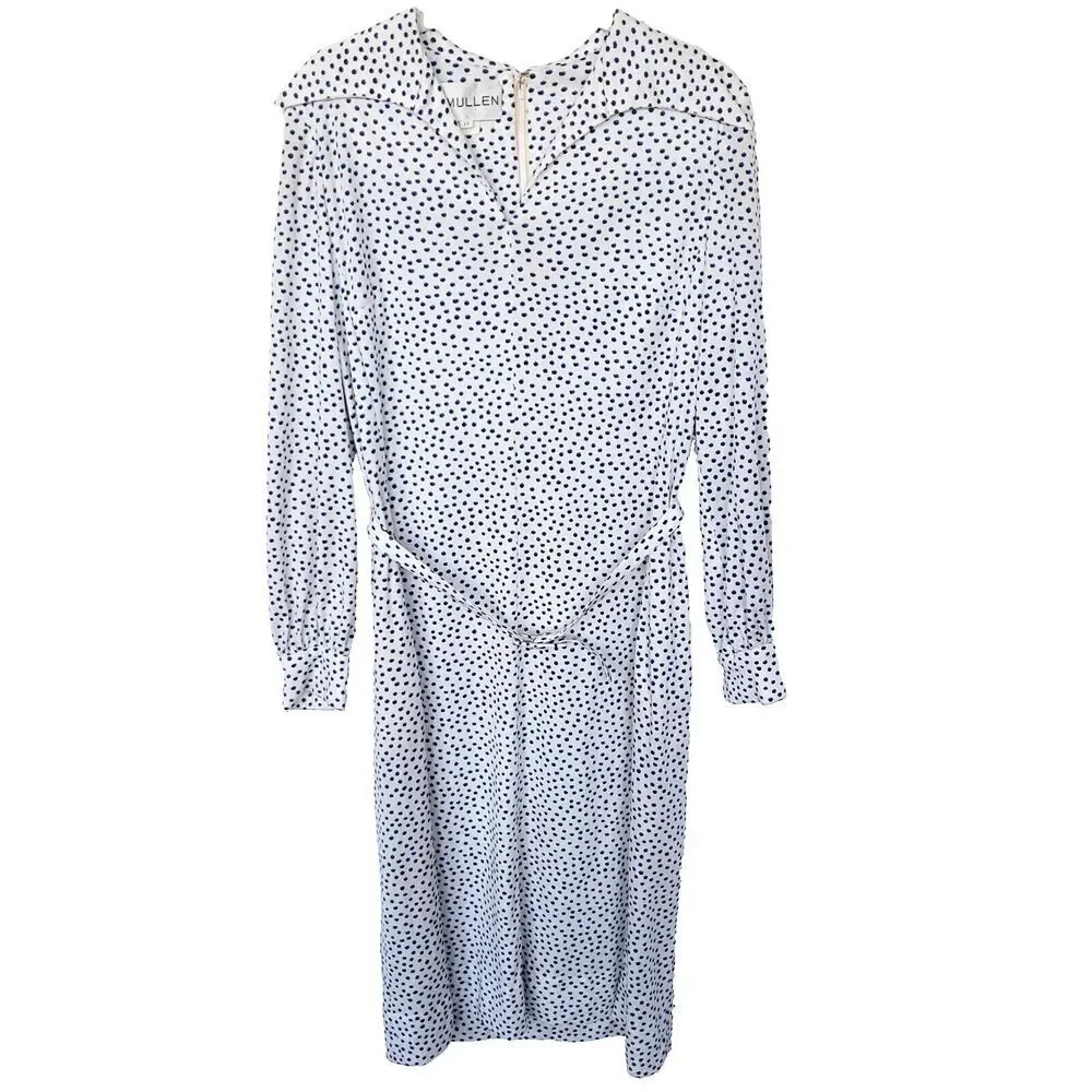 Vintage 90 McMULLEN Dress Women Size 14 Ivory Polka Dot Pattern Long Sleeve Belt